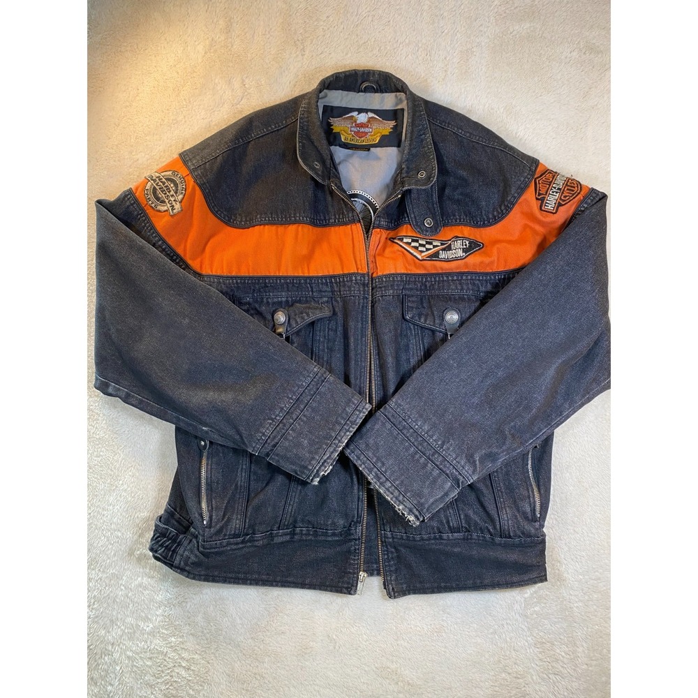 Vintage Harley Davidson Men's Denim Jean Jacket Size L Black Orange Patches READ